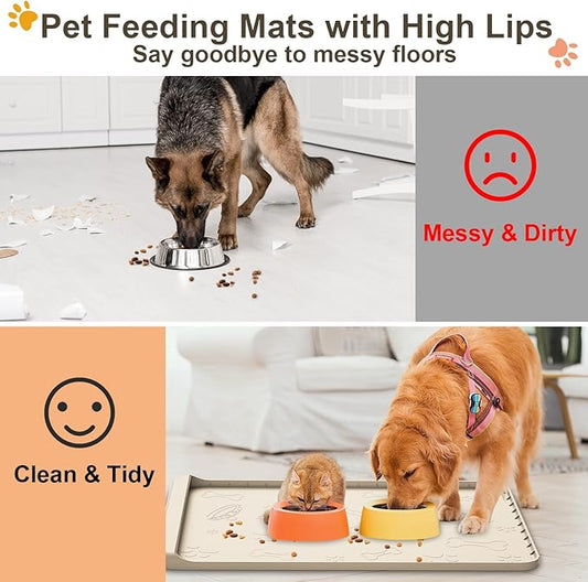 Dog Food and Water Mat 28x20 Inch Sand Color - Non-Slip Silicone Mat with High Edges & Residue Pocket - Waterproof Pet Feeding Mat for PET