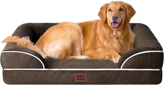 EHEYCIGA Orthopedic Dog Beds for Extra Large Dogs, Waterproof Memory Foam XL Dog Bed with Sides, Non-Slip Bottom and Egg-Crate Foam Big Pet Couch Bed with Washable Removable Cover, Brown