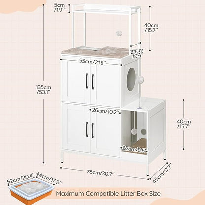 HOOBRO Litter Box Enclosure, Litter Box Furniture with Storage, 2-in-1 Hidden Cat Furniture with Shelf, 2 Dangling Plush Balls and 1 Toy Ball, Large Wooden Cat Washroom, White WT78MW01