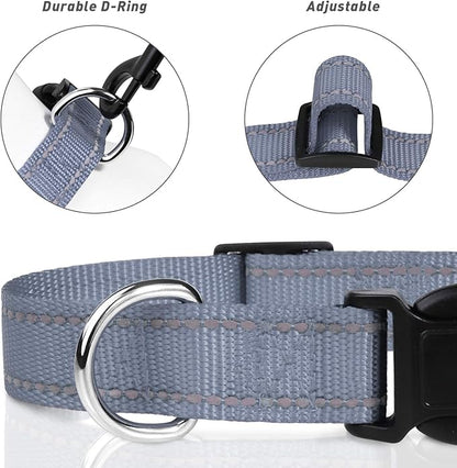TagME Reflective Nylon Dog Collars, Adjustable Classic Pet Collar with Quick Release Buckle for Small Dogs, Grey, 3/4" Width