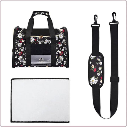 Petmolico Cat Carrier Dog Carrier, Airline Approved Soft Pet Travel Carrier with 3 Open Doors Mesh Windows for Cats Puppy 16 lbs, White Daisy