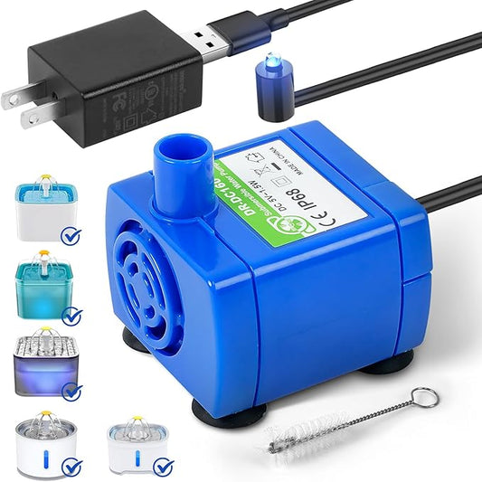 IP68 DR-DC160 Submersible Water Pump Cat Water Fountain Pump for Tritone Ceramic Stainless Steel Round Flower Cap Cat Fountains Automatic Pet Water Dispenser Replacement Pump (with LED&Adapter&Brush)