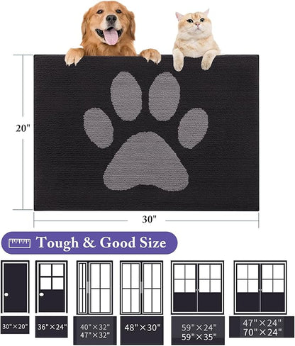 Buganda Dog Door Mat for Muddy Paws, Absorbent Dirt Trapper Non Slip Indoor Doormats, Washable Low-Profile Mat for Mud Dogs, Entryway Carpet for Inside Floor (30x20 Inches, Black and Grey)