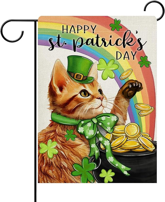Dyrenson Happy St Patricks Day Orange Cat Decorative Garden Flag, Pet Rainbow Pot of Gold Yard Outside Home Decorations, Spring Irish Shamrock Clover Burlap Outdoor Small Decor Double Sided 12 x 18