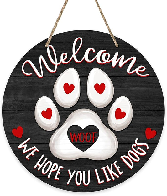 Deroro Welcome We Hope You Like Dogs Front Door Sign, Dog Cat Paw Print Black Farm Wood Door Hanger Outdoor Porch Decor, Woof Farmhouse Wooden Wreath Indoor Wall Hanging Decoration Dog Lover Gifts