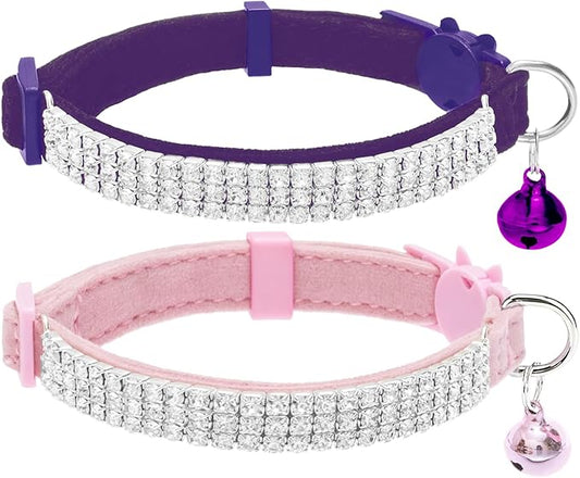 EXPAWLORER Soft Velvet Safe Cat Collars for Girl Cats - Rhinestones Bling Diamante Adjustable Collars Breakaway- Chirstmas Cat Clollar Gifts with Bells for Boy Cats Kitty and Small Dogs