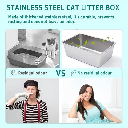Stainless Steel Litter Box, Metal Litter Box, Cat Litter Box for Kitten, Kitty, Rabbit, 6" High Side Cats Litter Boxes, Cat LitterBox, No Smell, Non Stick, Easy to Clean