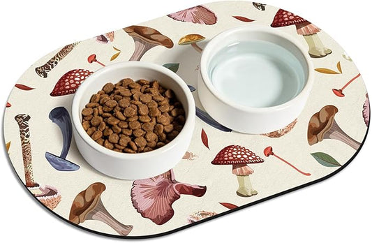 Dog Food Mat 20''x12'', Small Pet Feeding Mat, Non-Slip Rubber Pet Food Mat, Absorbent Cat Dog Water Bowl Mat for Messy Drinkers, Dogs Bowl Placemat for Food and Water, Mushroom