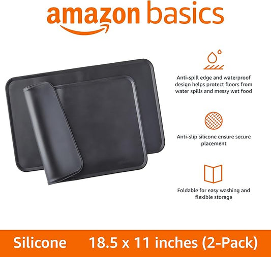 Amazon Basics Waterproof Anti-Slip Silicone Cat & Dog Food Mat, Pet Mats with Raised Edges for Food and Water Bowl to Protect Floors, 18.5 x 11.5 Inches, Black, Solid - Pack of 2
