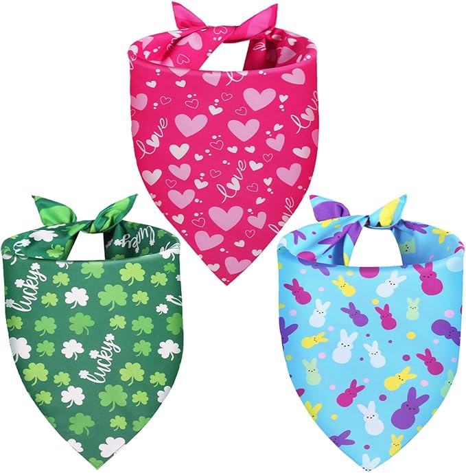 Valentines Dog Bandana St Patricks Day and Easter Dog Bandana XLarge 3PCS, Colorful Scarf for Boy and Girl, Triangle Reversible Bibs.