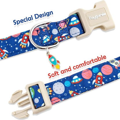 Faygarsle Space Theme Dog Collar, Navy Blue with Rockets and Planets Pattern for Summer Small Medium Large Dogs L