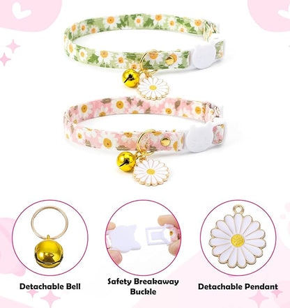 2 Pack Cat Collar Breakaway, Daisy Collar for Girl Cats, Adjustable Breakaway Cat Collars with Bell, Cute Floral Design Perfect for Female Kitten, 7.5-11 Inch, Pink & Green