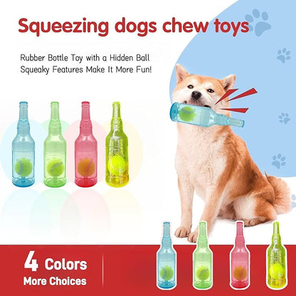 Cute Tough Dog Toy Rubber Bottle Squeaky Dogs Chew Toy Long Lasting Interactive Fetch Toy for Teething Tennis Ball Included (Blue, Large)