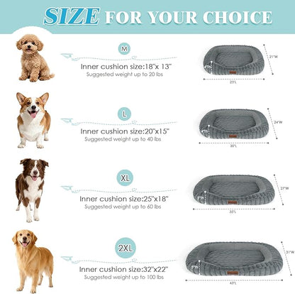 Cute Dog Bed for Extra Large Dogs, XL Washable Soft Plush Furry Calming Dog Bed with Removable Zipper Cover, Orthopedic Rectangle Anti-Anxiety Pet Kennel Bed with Handle, 43x31x5inches, Grey