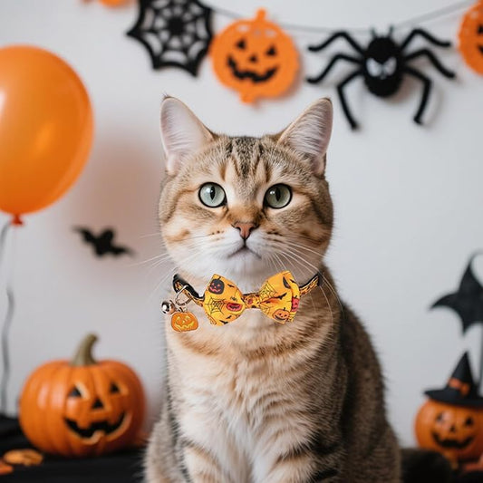 ADOGGYGO Halloween Cat Collars with Bow Bell, Black Orange Pumpkin Bowtie, Breakaway Halloween Collars for Cats Kittens