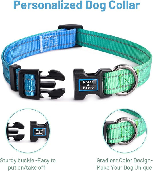Roses&Poetry Large Dog Collar, Adjustable Reflective Durable Pet Collars for Small Medium Large Dogs (Bluegreen-L)