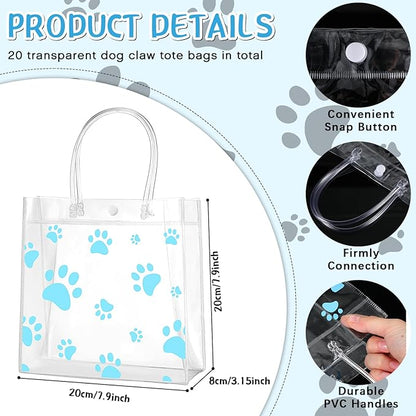 Teling 20 Packs Dog Paw Clear PVC Gift Bags with Handle Reusable Plastic Wrap Tote Bags Transparent for Puppy Pet Treat Party Favor Birthday Wedding Party, 8 x 8 x 3.15 Inch(Blue)