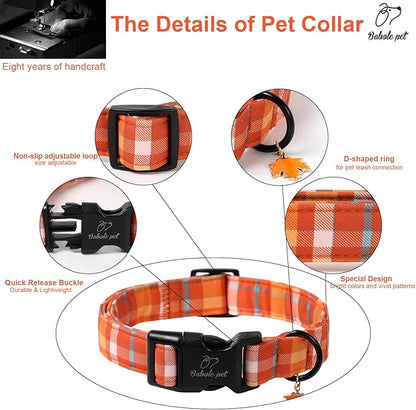 Fall Dog Collar Cute Orange Plaid Puppy Collar - Light Comfortable Adjustable Pet Collars for Small Medium Large Girl Boy Dogs M