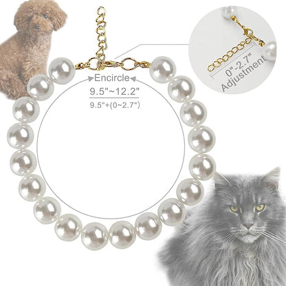 Chunky Pearl Dog Collar(0.55 Inch) for Small Dogs Cats, Adjustable Beaded Dog Collar Imitation White Pearls, Elegant Dog Jewelry Girl Accessories for XS Extra Small Dogs Necklace.