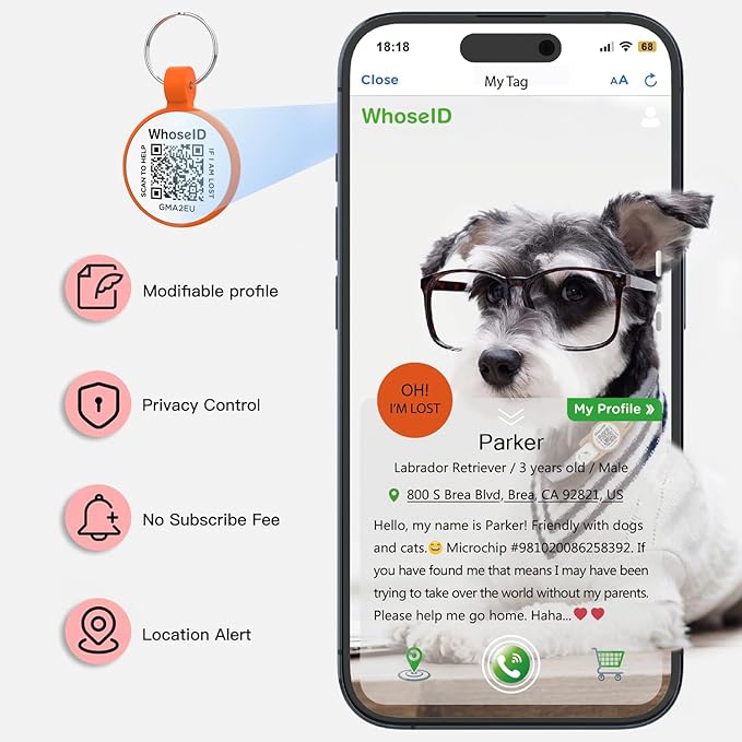 ESA Dog Tag, QR Code Dog Tag, Modifiable Free Pet Online Profile, Scannable QR Code, Scan QR Send Instant Location Alert Email, Silicone Lightweight ID Tag for Dog and Cat (Orange, Small)