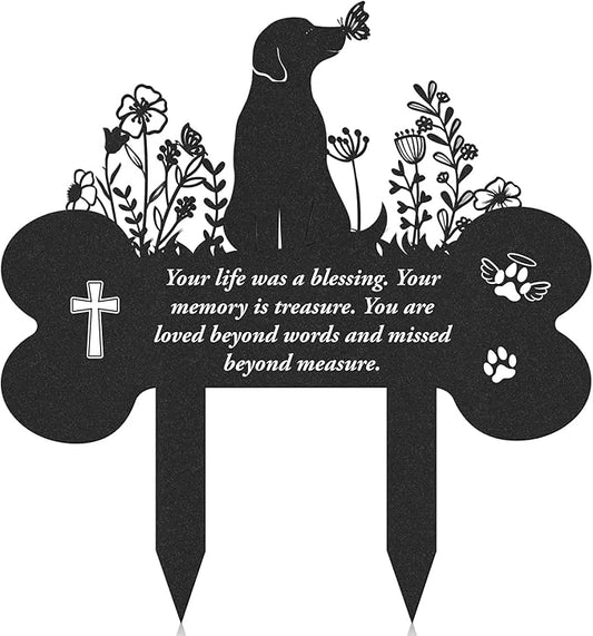 Dog Memorial Grave Stakes - Metal Black Flowers Loss Pets Cemetery Markers Decorations for Humans Butterfly Lover Plaques Decor for Outdoor Yard Custom Bone Sympathy Garden Remembrance Signs