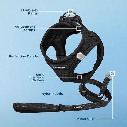 Best Pet Supplies Voyager Step-in Air All Weather Mesh Harness and Reflective Dog 5 ft Leash Combo with Neoprene Handle, for Small, Medium and Large Breed Puppies - Harness Leash Set (Black), XXS