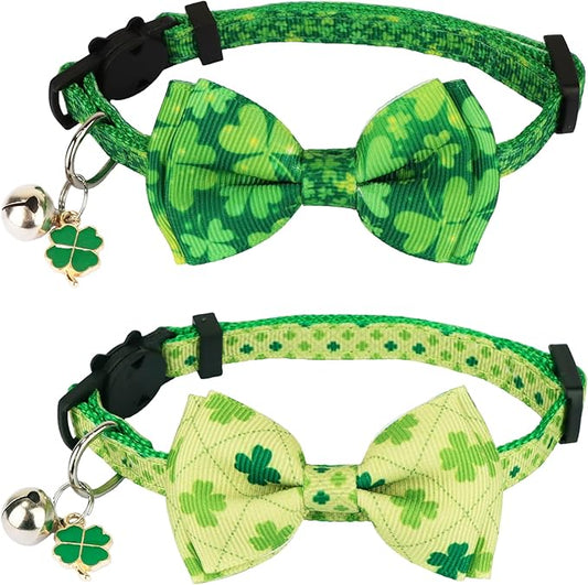 ADOGGYGO St. Patrick's Day Cat Collars with Bow Bell, Breakaway Cat Bowtie Collar Green Shamrock Pattern Saint Patrick Collars for Girl Boy Cats Kittens (St. Patrick's Day)