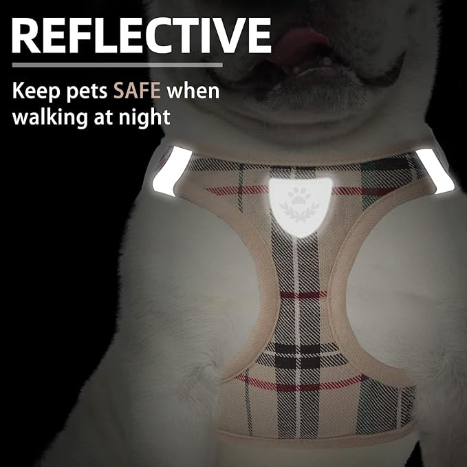 PUPTECK Adjustable Dog Harness Collar and Leash Set Step in No Pull Pet Harness for Small Medium Dogs Puppy and Cats Outdoor Walking Running, Soft Mesh Padded Reflective Vest Harnesses, Beige XL