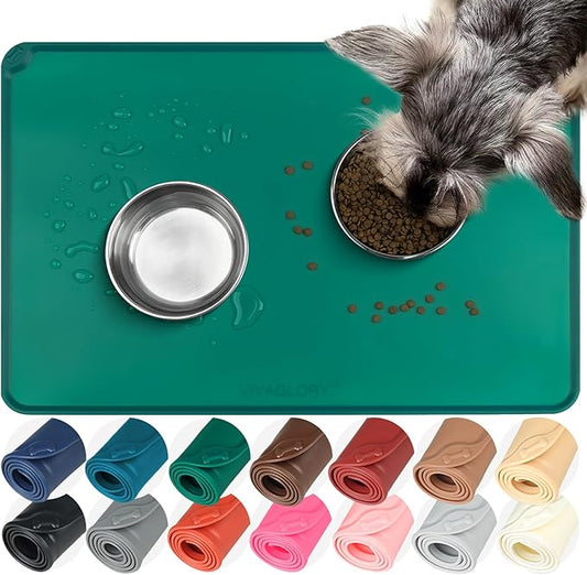 VIVAGLORY Dog Food Mat Flexmat Dog Bowl Mat, Placemat Food Tray with Raised Edges & Lip for Indoor Floor, Non Slip Waterproof Silicone Dish Placemat for Cat & Pet, L, Deep Green