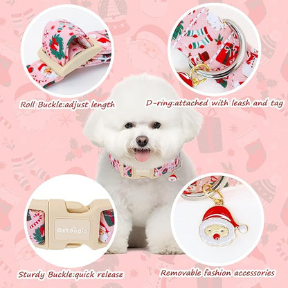 Christmas Dog Collar, Soft Winter Dog Collars for Large Dogs with Santa & Snowman Design, Cute Pink Christmas Collars for Dogs, Festive Holiday Dog Collar for Girl Boy Dogs Gift-L