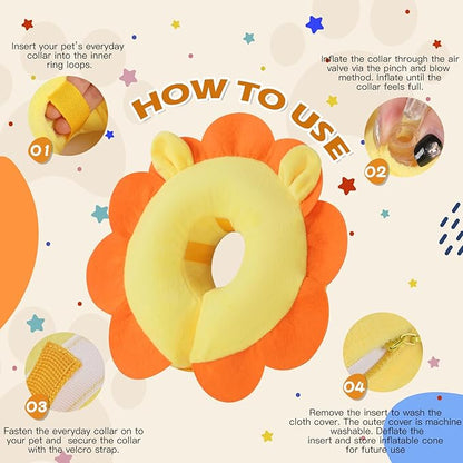 IEUUMLER Inflatable Recovery Dog Collar, Protective Donut Cone, Adjustable Soft Collar for Dog and Cat After Surgery Prevent from Biting & Scratching EU002 - Orange Lion M