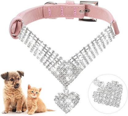 EXPAWLORER Cute Dog Necklace - Rhinestone Dog Collar, Soft Velvet Collar for Girl Boy Cats Dogs, Sparkling Pet Neck Decoration, Adjustable Pet Collar for Puppies Cats Small Medium Dogs, Pink M