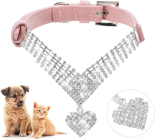 EXPAWLORER Cute Dog Necklace - Rhinestone Dog Collar, Soft Velvet Collar for Girl Boy Cats Dogs, Sparkling Pet Neck Decoration, Adjustable Pet Collar for Puppies Cats Small Medium Dogs, Pink M