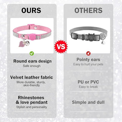 Rhinestone Cat Collar Breakaway with Bell, Diamond Cat Collar with Safety Buckle Quick Release for Girl Boy Kitten Pets Puppy,Cute Soft Female Male Cat Collars,Valentine's Day Pink 8-12"