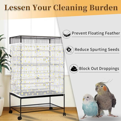 Daoeny Bird Cage Seed Catcher, Large Bird Cage Cover, Adjustable Soft Airy Nylon Mesh Net, Birdcage Cover Skirt Seed Guard for Parrot Parakeet Macaw African Round Square Cages (White, Daisy Design)