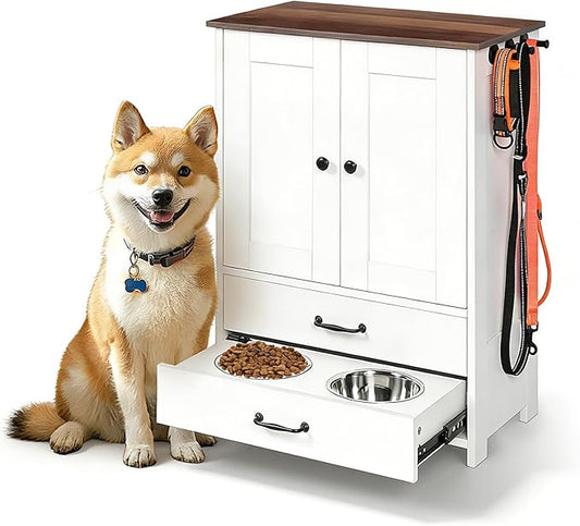 Dog Feeding Station with Storage Cabinet, 2 Adjustable Elevated Dog Bowls, Hidden Pull-Out Pet Feeder, Pet Food & Toy Organizer for Dogs & Cats