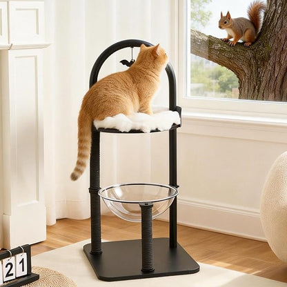 Modern Cat Tree Tower for Indoor Cats up to 12lbs, 34" H Furniture-Style Metal Cat Tower with Scratching Posts, Wood Cat Bed with Soft Plush Cushion Washable, Acrylic Capsule, Classic Black