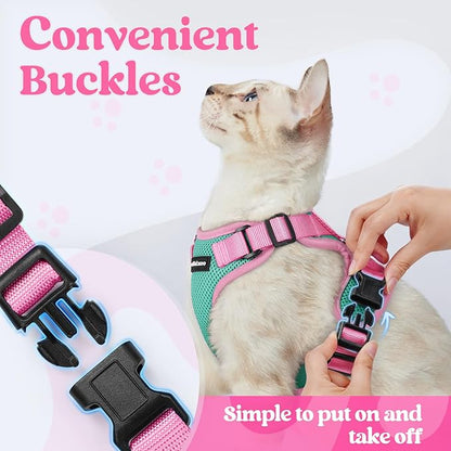 rabbitgoo Cat Harness and Leash Set, Escape Proof Soft Adjustable Vest Harnesses for Outdoor Walking, Easy Control Breathable Kitten Jacket with Reflective Strips, Green & Pink, S