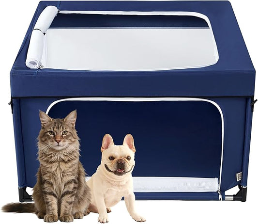 EHEYCIGA 42x42x26 Inches Puppy Playpen with Top Cover for Dogs & Cats Indoor or Outdoor - Dog Playpen with Door, Dog Fence for Small Animal with Heavy-Duty Oxford & Steel Frame, Navy