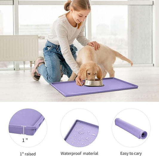 Dog Food Mat,Silicone Waterproof Food Tray,Non Slip Pet Bowl Mats Placemat,1" Raised Edge,Suitable for Most Small and Medium Sized Pets,32" x 24"