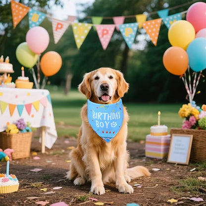 Dog Birthday Bandana Boy for Large X-Large Dogs, Reversible 2 Patterns in 1, Blue Confetti Scarf, Happy Birthday Party Outfit Puppy Gift (18-23" Neck)