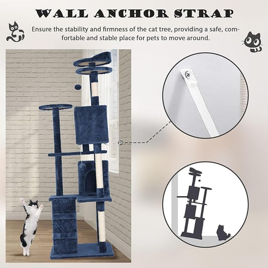 Heavy Duty Cat Tree Tower, 70" Tall Cat Tower for Indoor Cats with Cat Scratching Post with Bed, Cat Condo, Hanging Ball, Multi-Level Cat Climbing Tower Cat Trees Furniture Activity Center, Navy Blue