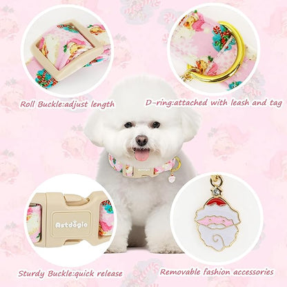Christmas Dog Collar for Small Dogs, Adjustable Poly-Cotton Fabric Collar with Santa Pattern, Cute Pink Dog Collar for Dogs, Medium Dog Collars Girls Dog Collars