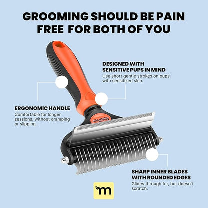 MalsiPree Dog Brush - Large, Orange - 2-in-1 Deshedding Tool & Undercoat Rake, Dog Undercoat Brush - Gentle Dematting Comb & Pet Hair Removal Tool - Smooth-Edge Design & Grooming Comb