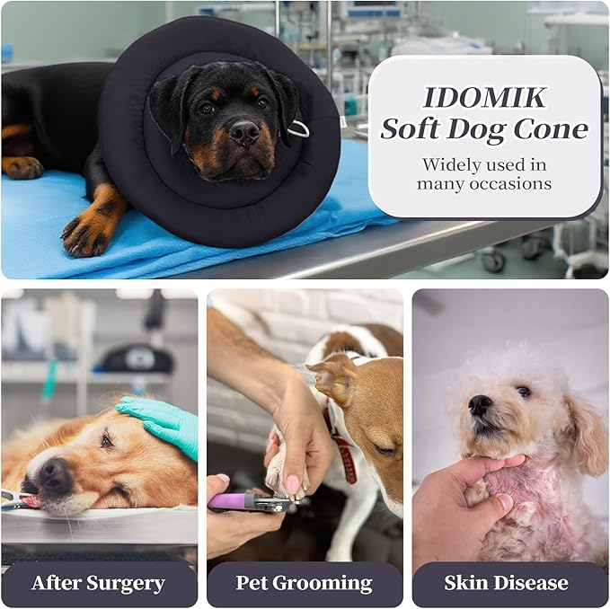 IDOMIK Dog Recovery Collar, Waterproof Soft Dog Cone After Surgery, Comfy Protective Elizabethan Collar Alternative for Dogs Cats, Adjustable Pet Neck Donut Cone Anti-Licking Biting Wounds,Grey,M