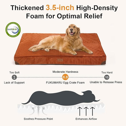 FUKUMARU Dog Bed, Thickened Corduroy Orthopedic Dog Beds with Washable Cover, Large Waterproof Dogs Bed for Crate, 28D Egg Crate Foam Support Pet Mat, Cozy Pet Bed Pad with Anti-Slip Bottom, Orange