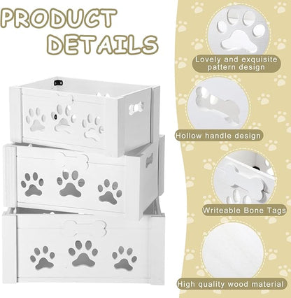 3 Pack Dog Toy Bin Wood Large Dog Toy Basket with Handle and Bone Tags Multi-size Hollow Claw White Wooden Storage Crates for Chew Pets Blankets Food Leash Display Accessories