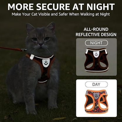 SCENEREAL Fall Thanksgiving Cat Harness and Leash Set Escape Proof, Soft Mesh Kitten Harness for Walking Travel, Reflective Adjustable Pet Vest with Leaf Print for Cat Puppy, S