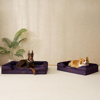 EHEYCIGA Orthopedic Dog Beds for Extra Large Dogs, Waterproof Memory Foam XXL Dog Bed with Sides, Non-Slip Bottom and Egg-Crate Foam Big Pet Couch Bed with Washable Removable Cover, Purple