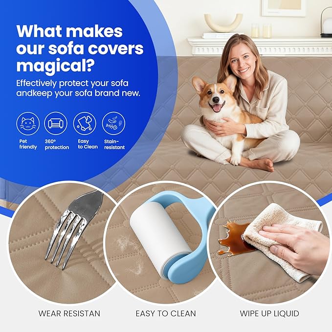Waterproof Dog Bed Cover, Non-Slip Dog Blanket for Couch, Couch Covers for Dogs Washable, Pet Blanket for Furniture, Pet Bed Mat for Sofa, Car, Pet Supplies (68x82 Inch, Khaki)